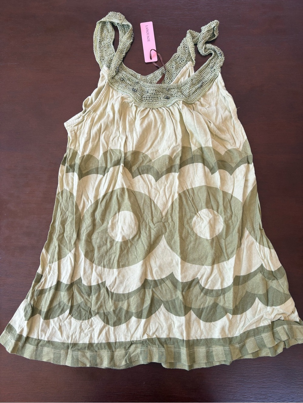 Language Olive & Cream Crochet-Trim Graphic Tank